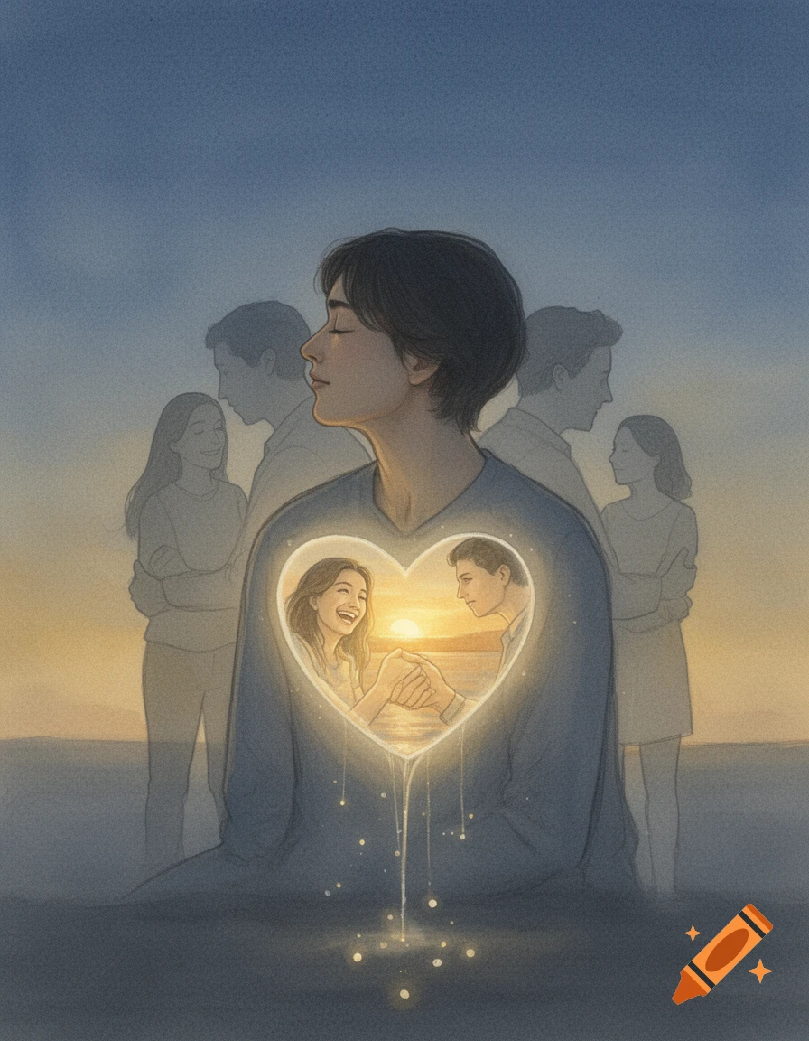 An illustration of a person meditating, with a glowing heart on their chest showing a couple at sunset, surrounded by faint silhouettes.