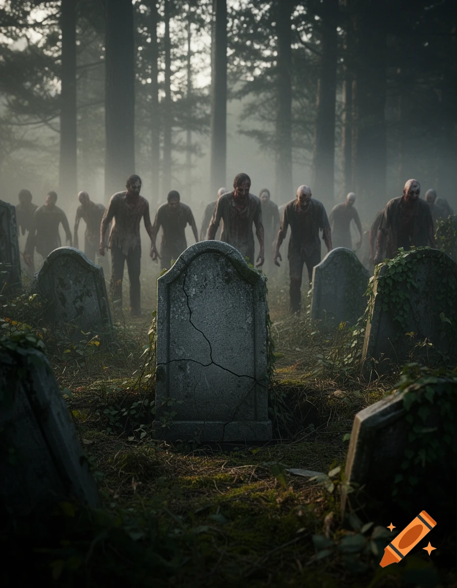 A photorealistic image of zombies walking through a dark, misty forest graveyard with cracked tombstones in the foreground.