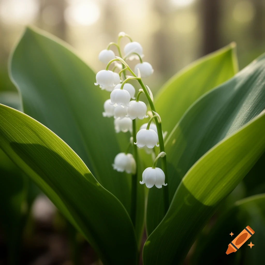 Close-up shot of white lily of the valley flowers blooming amidst green leaves, bathed in soft sunlight.