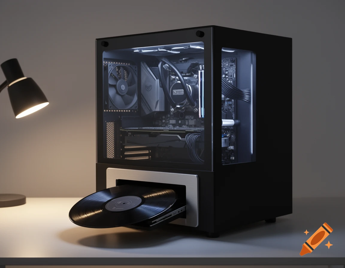 A black PC case with a transparent side revealing internal components sits on a desk. A large vinyl record emerges from a front drive slot.