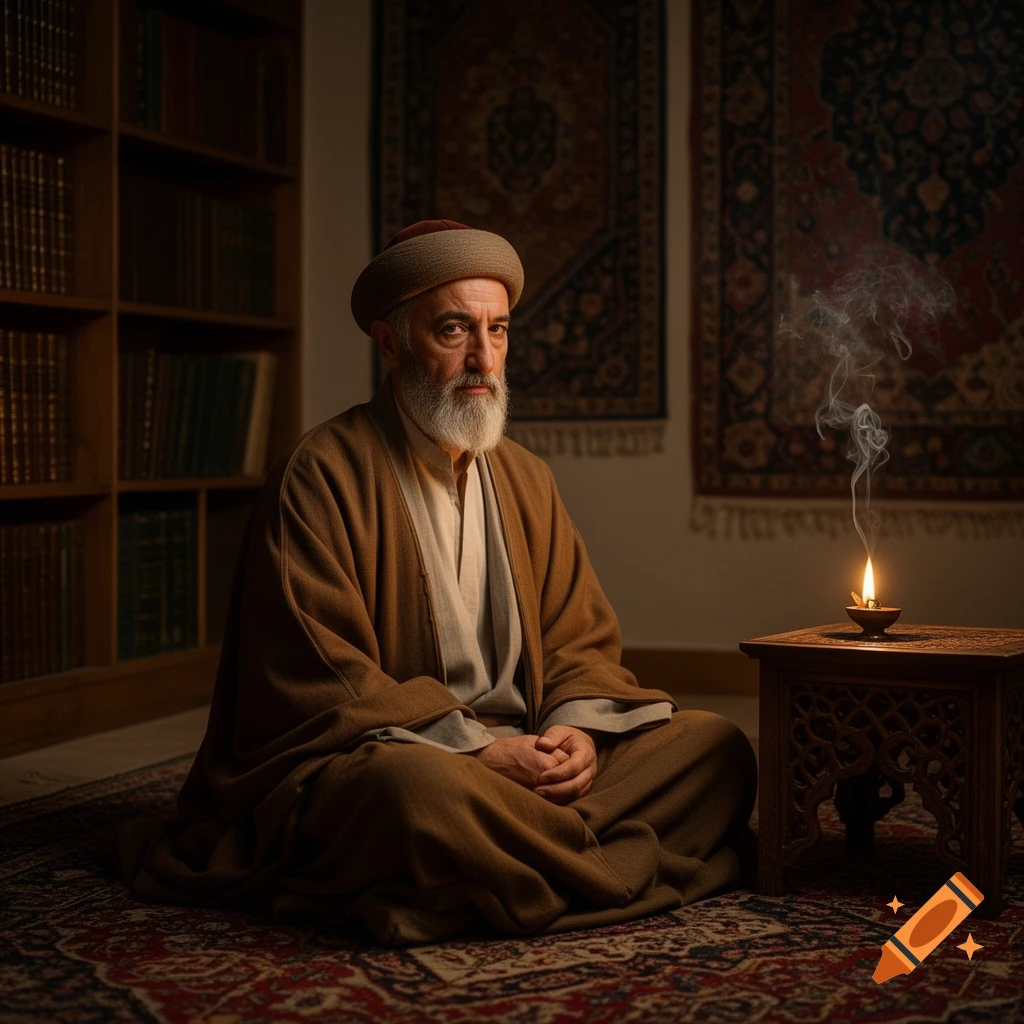 Photorealistic portrait of an elderly man with a white beard, wearing a turban and robe, sitting on a patterned rug in a dim room with bookshelves and an oil lamp.