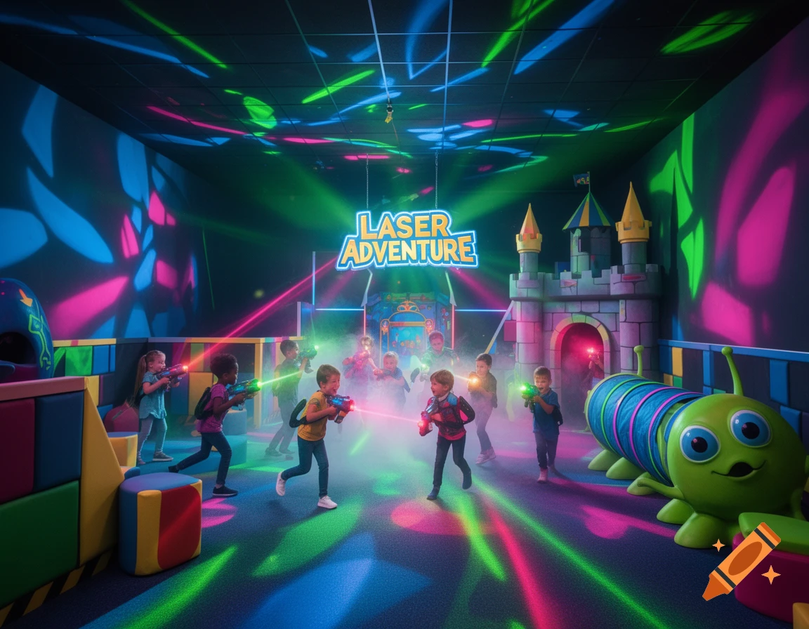 Children play laser tag in a vibrant, neon-lit arena with smoke, laser beams, a castle prop, and a 'LASER ADVENTURE' sign.