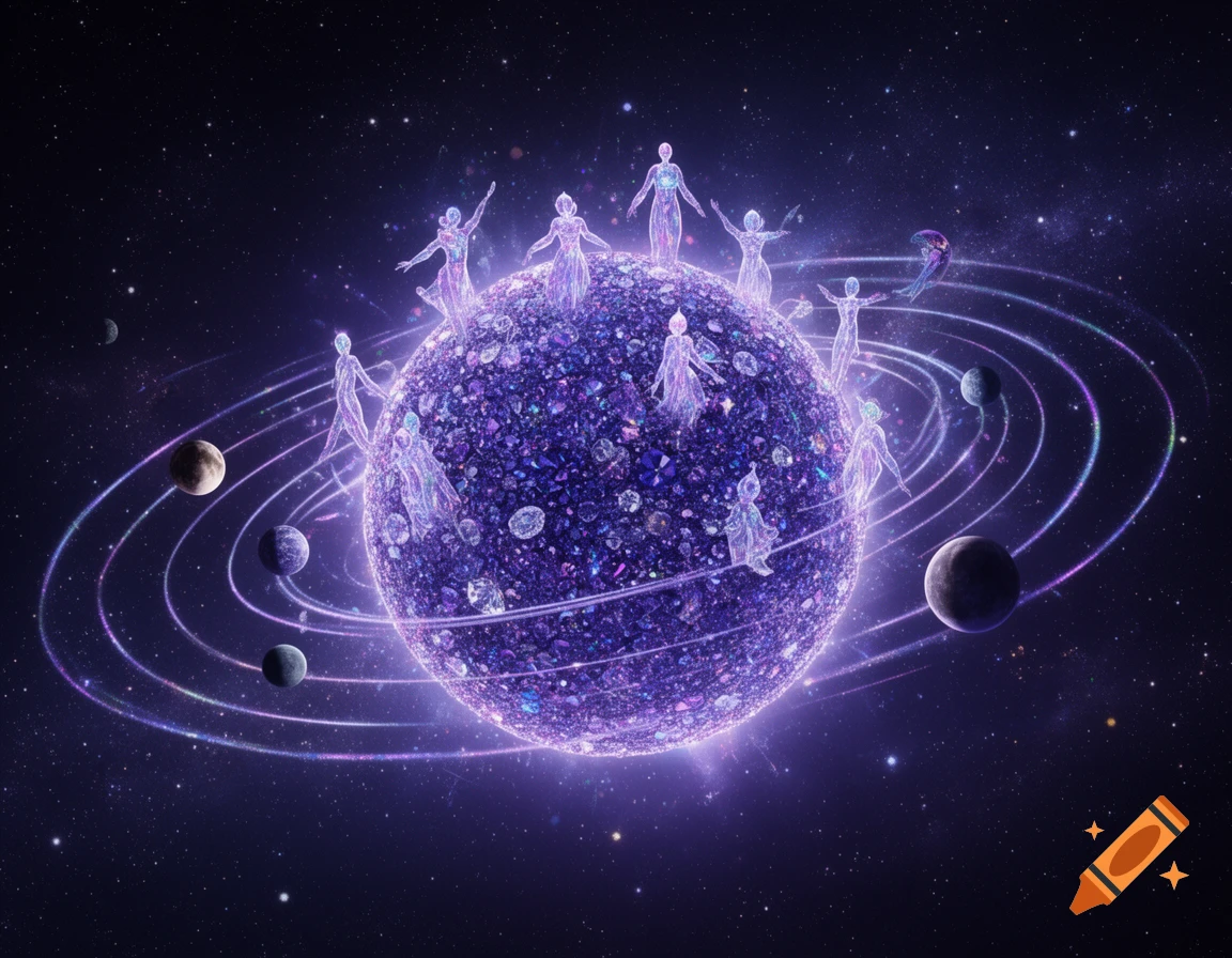 A glowing purple crystal planet in deep space, orbited by smaller moons ...