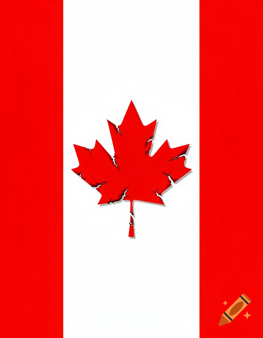Canadian flag with a red, torn, and tattered maple leaf graphic at its center.