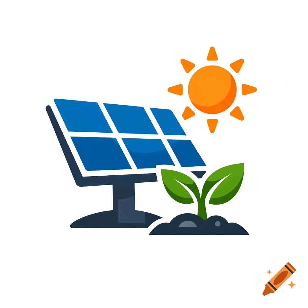 A cartoon icon of a blue solar panel, a green plant seedling, and a bright orange sun.