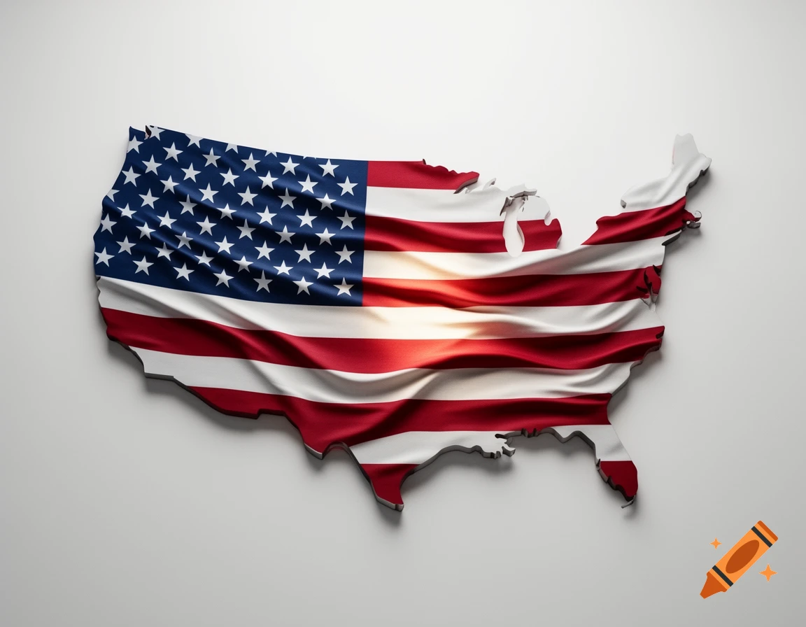 A textured map of the United States draped with the American flag, showing stars and stripes with lighting effects.