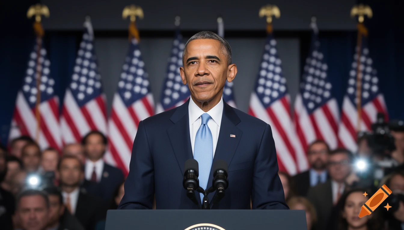 Barack Obama in a suit and tie stands at a dark podium, with American flags and a blurred crowd in the background.