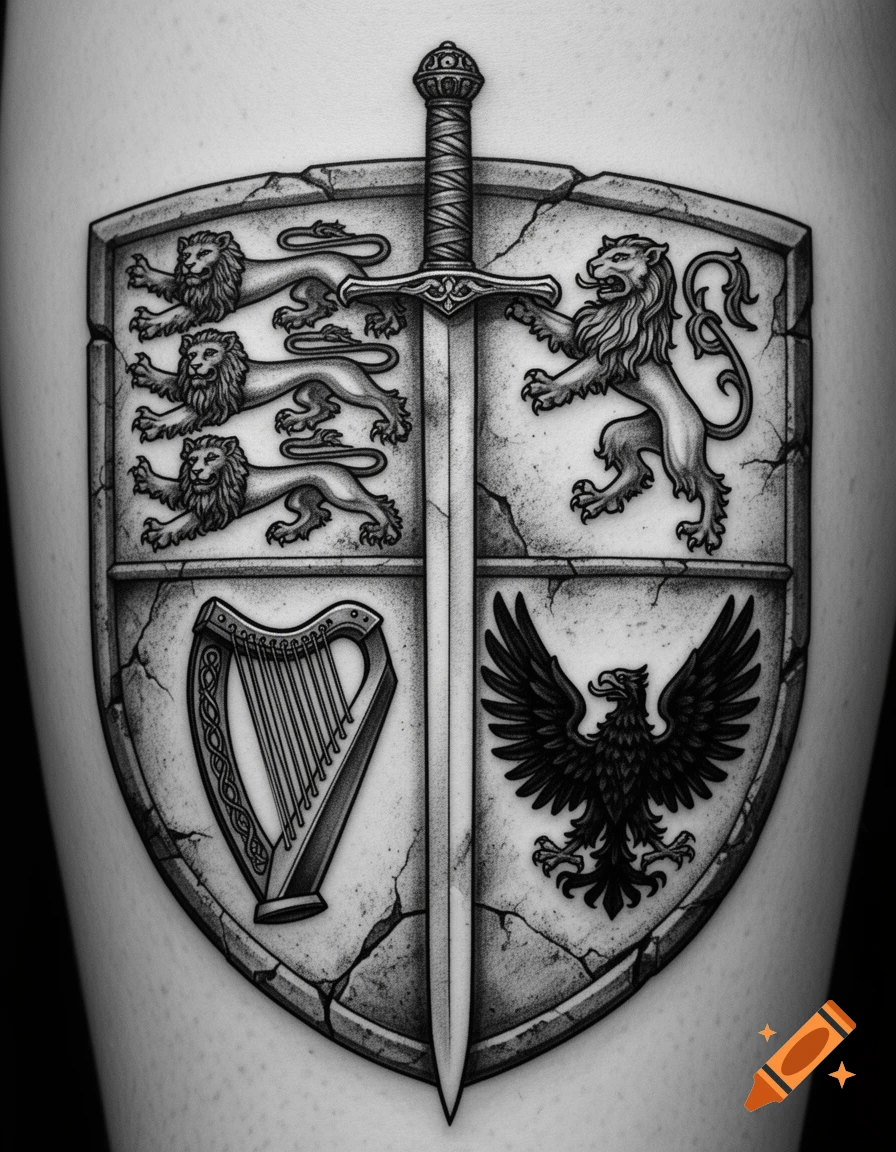 Black and white tattoo of a medieval heraldic shield divided into four quadrants, bisected by a sword. Quadrants feature lions, a harp, and an eagle, with cracked stone textures.