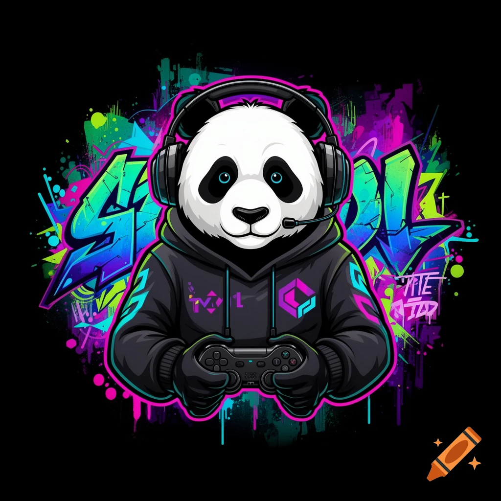 A cool vector art panda mascot wearing a gaming headset and hoodie, holding a controller, with a neon cyberpunk graffiti background.