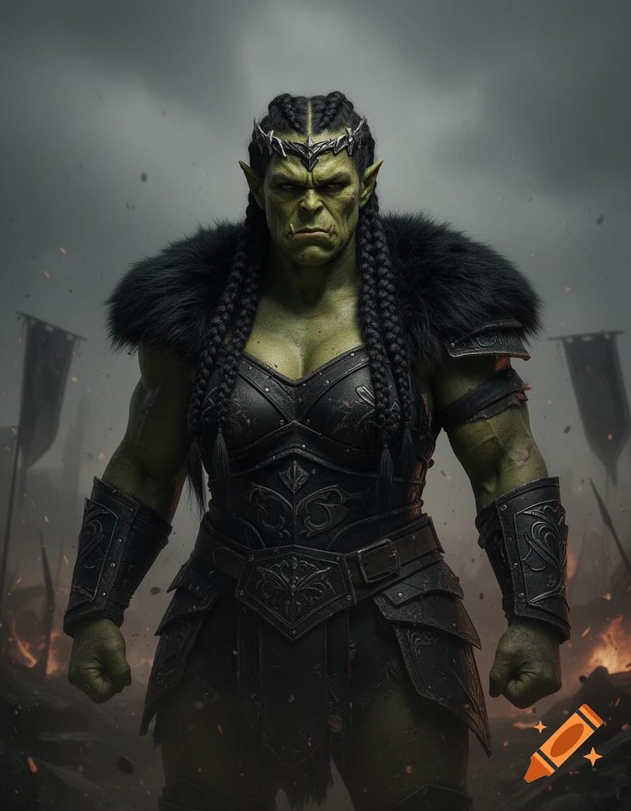 Photorealistic depiction of a strong female orc warrior in black fur-trimmed leather armor, standing on a smoky battlefield.