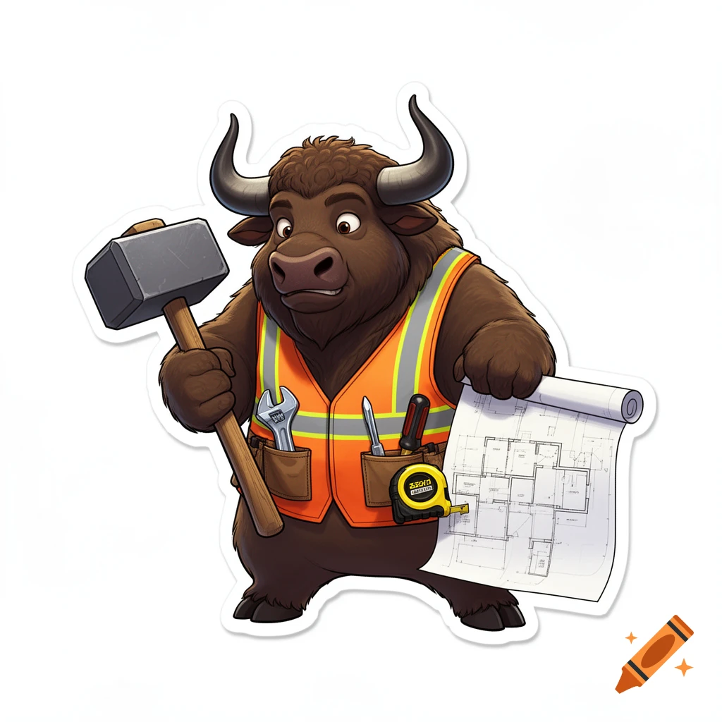 A cartoon bison construction worker in an orange vest holds a sledgehammer and blueprint, with tools in pockets, in a sticker style.