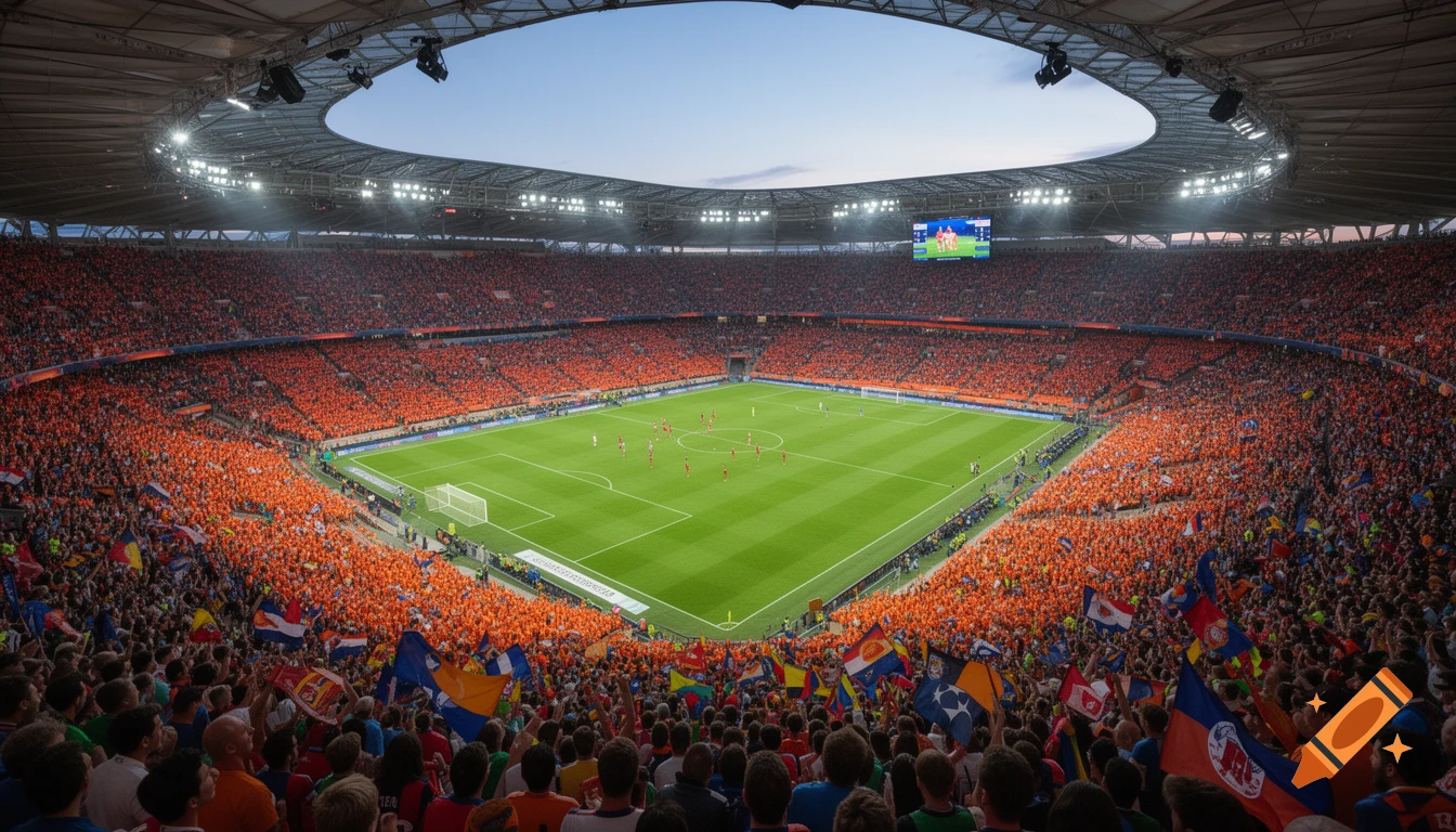 A vast soccer stadium at dusk, packed with a sea of orange-clad fans, watching a game on the green field below.
