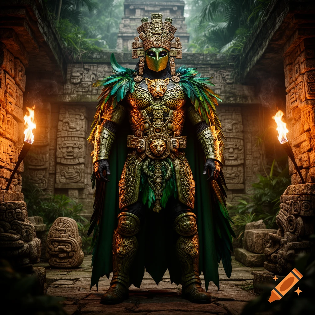 A detailed, full-body shot of a Mayan-inspired warrior in intricate gold and green armor and feathered cape, standing in a torchlit jungle temple.