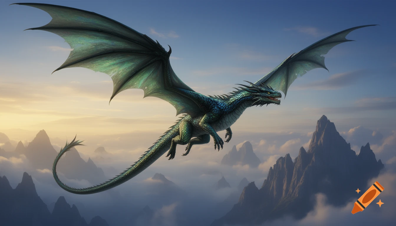 A majestic teal and green dragon with large wings soars gracefully ...