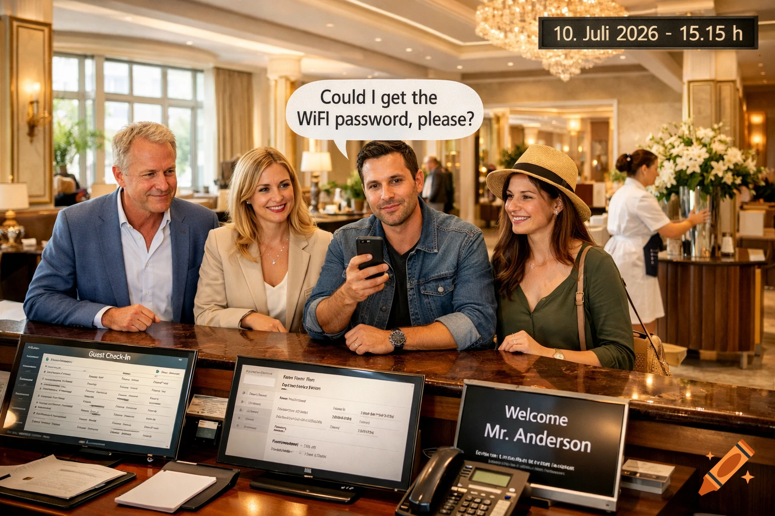 Four guests stand at a brightly lit hotel reception desk, one man holding a phone with a speech bubble saying "Could I get the WiFi password, please?"