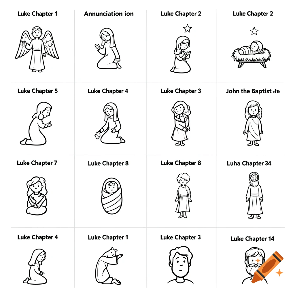 A black and white storyboard with 16 panels illustrating scenes from the Bible, including angels, figures praying, a baby in a manger, and men with beards. Each panel is labeled with a chapter reference.