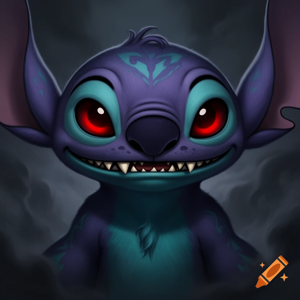 A menacing digital illustration of a dark purple Stitch character with glowing red eyes and sharp teeth against a smoky background.