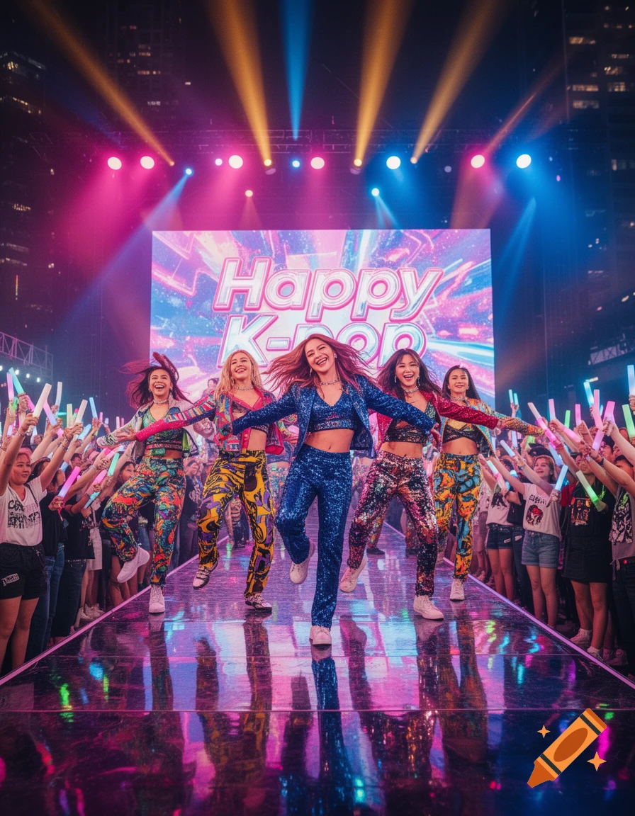 A K-pop group in colorful, sparkly outfits performs on a brightly lit stage, with 'Happy K-Pop' on a large screen and fans holding light sticks.