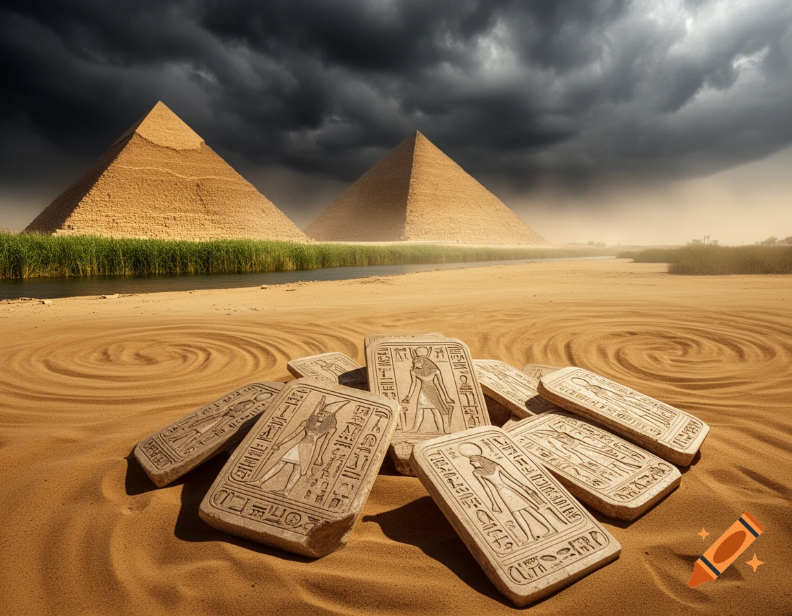 Photorealistic image of ancient Egyptian pyramids under dark storm clouds, with a river and green reeds. Several stone plaques with hieroglyphs lie on swirling desert sand.