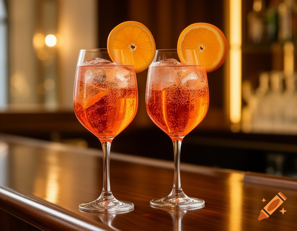 Two bright orange Aperol Spritz cocktails with ice and orange slices on a polished bar counter.