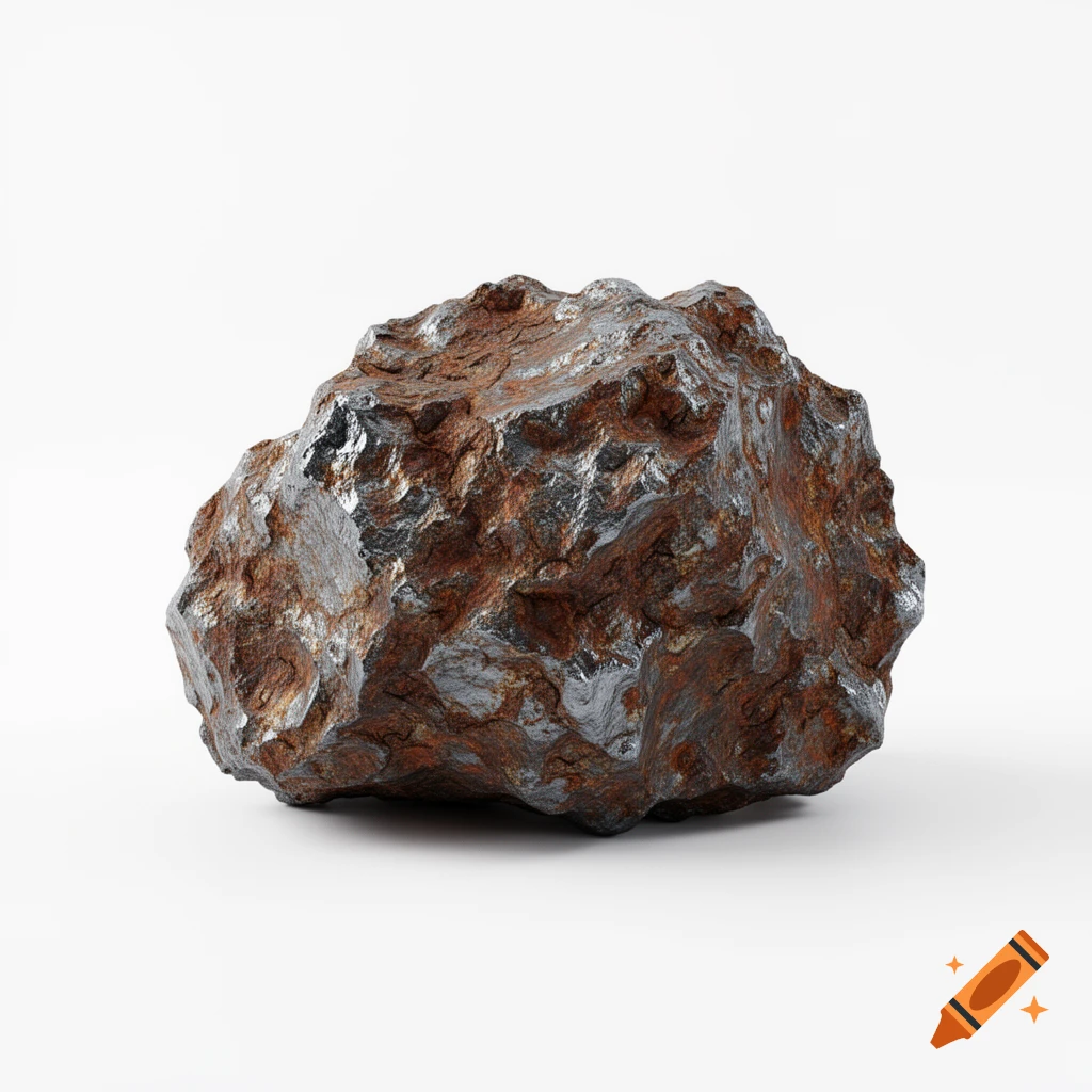 Photorealistic iron ore rock with rusty brown and metallic grey textures on a white background.