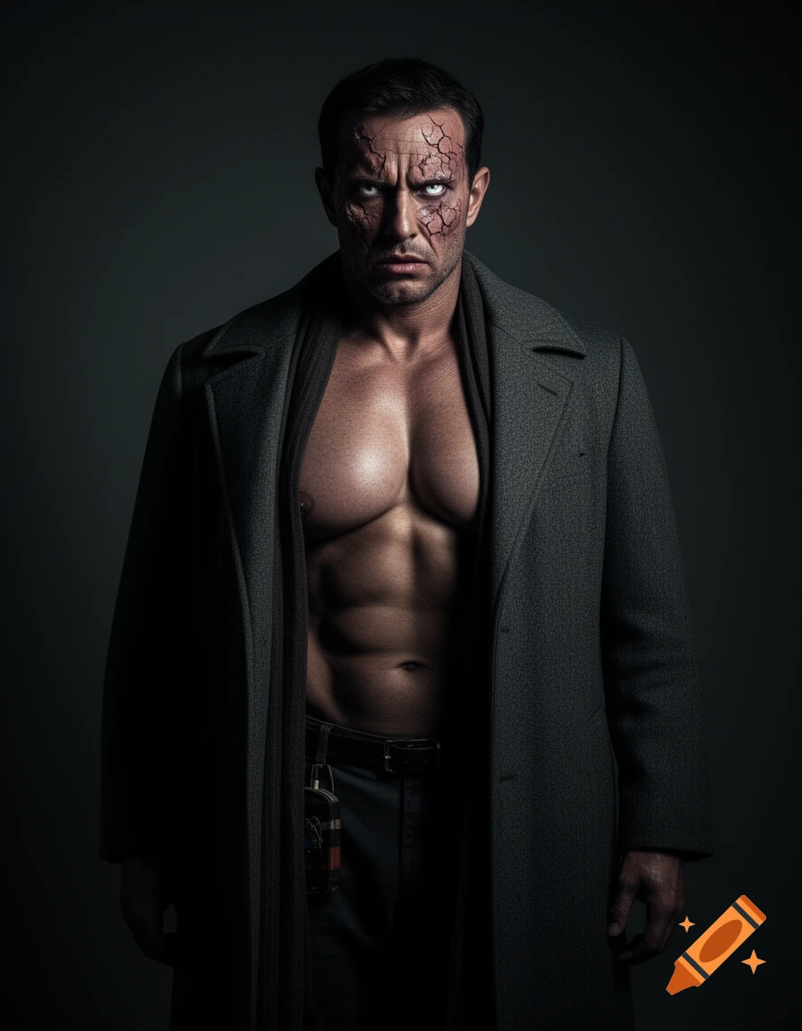 A muscular man with cracked skin on his face and pale eyes wears an open grey trench coat, against a dark background in a photorealistic style.