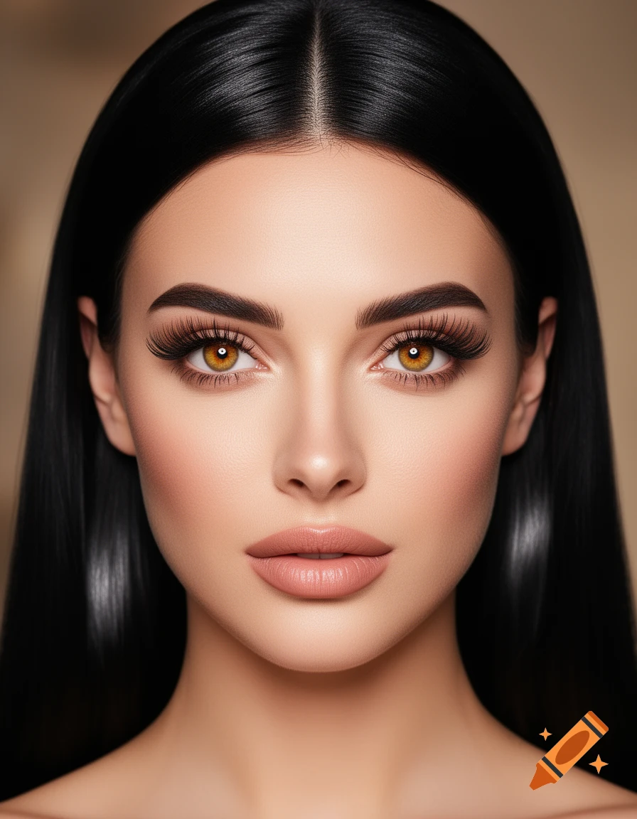 Close-up photorealistic portrait of a woman with dark hair, honey eyes, long lashes, and perfect lips.