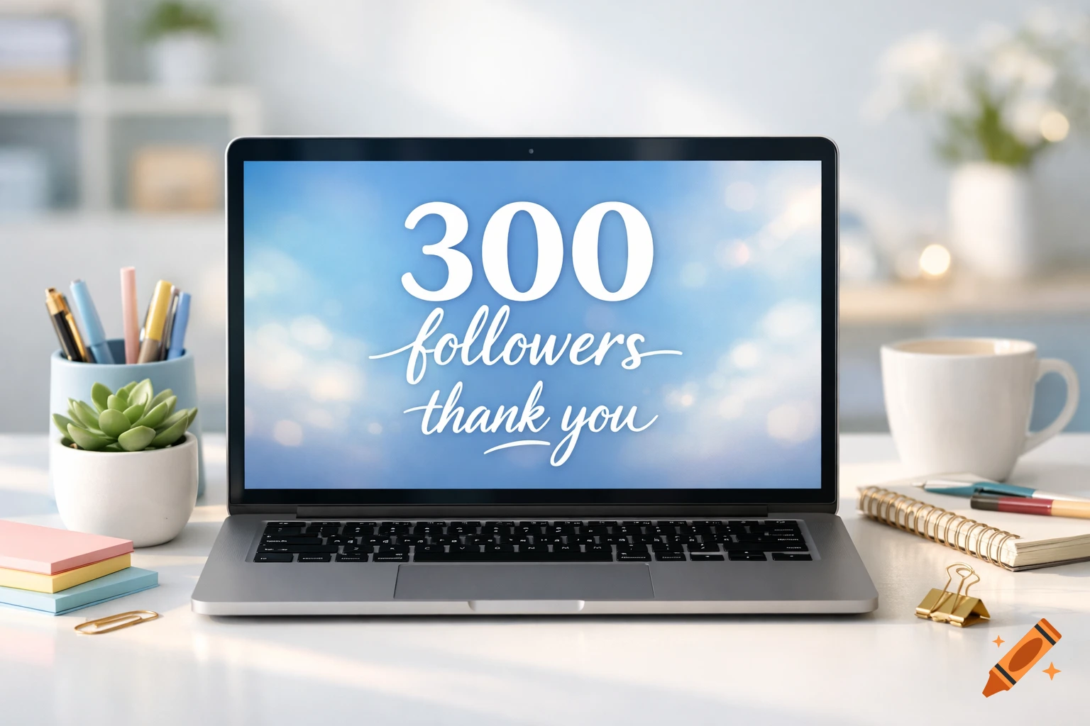 A laptop on a clean desk with pens, a plant, and a coffee mug. The screen reads '300 followers thank you'.