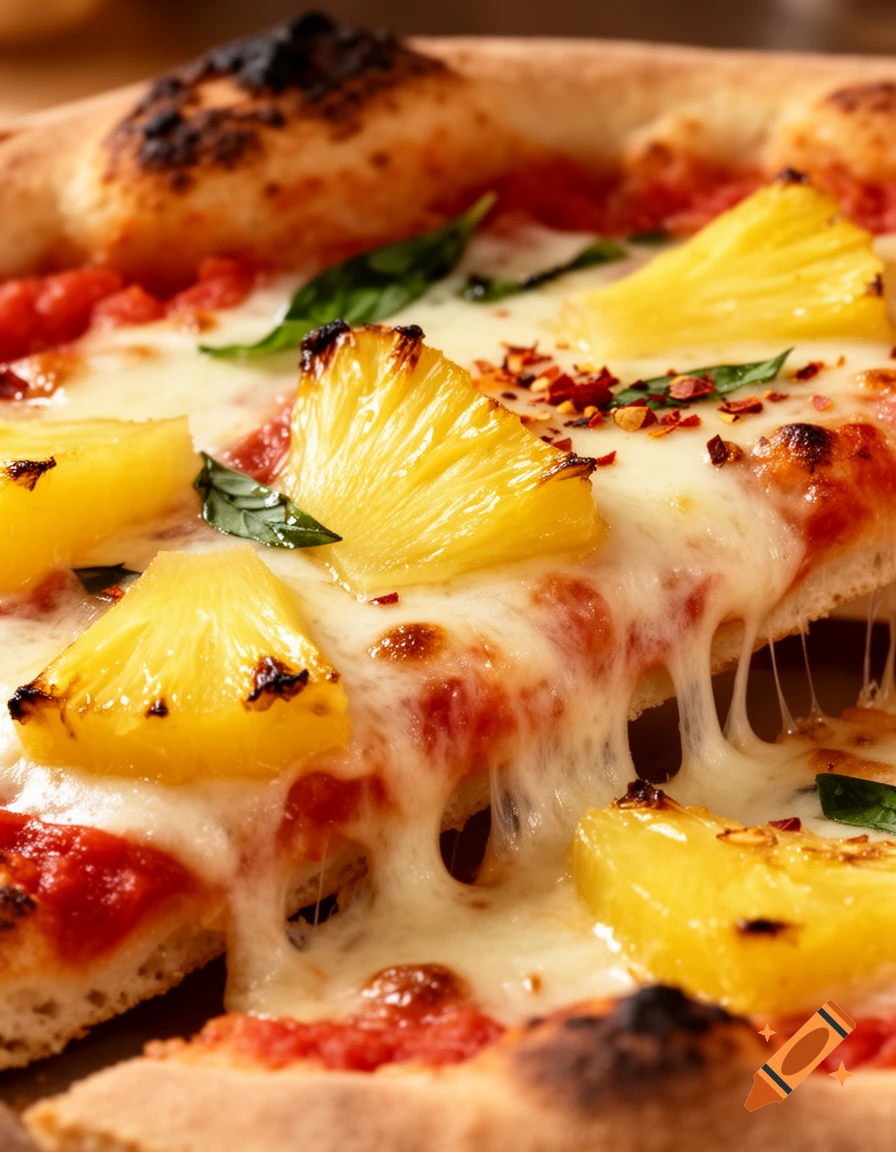 Close-up of a slice of pineapple pizza being lifted, showing melted cheese stretching and charred crust.
