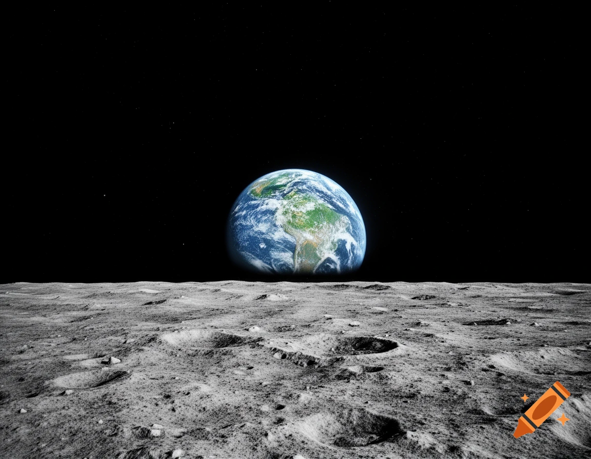 The Earth rises over the heavily cratered surface of the moon, against a dark, star-filled space.
