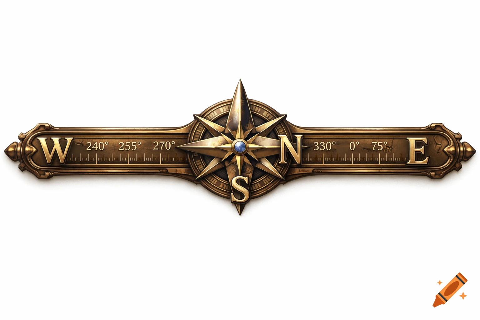 A brass game compass bar with a central compass rose indicating N, E, S, W, and degree markings on a horizontal band.