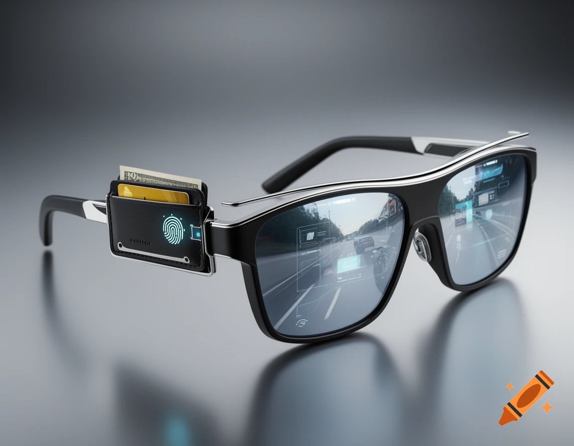 A pair of futuristic black sunglasses with a wallet attachment showing a fingerprint scanner, reflecting a road scene with HUD elements.