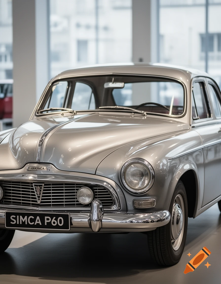 A close-up, photorealistic shot of a silver vintage Simca P60 car on display, showcasing its grille and headlights.
