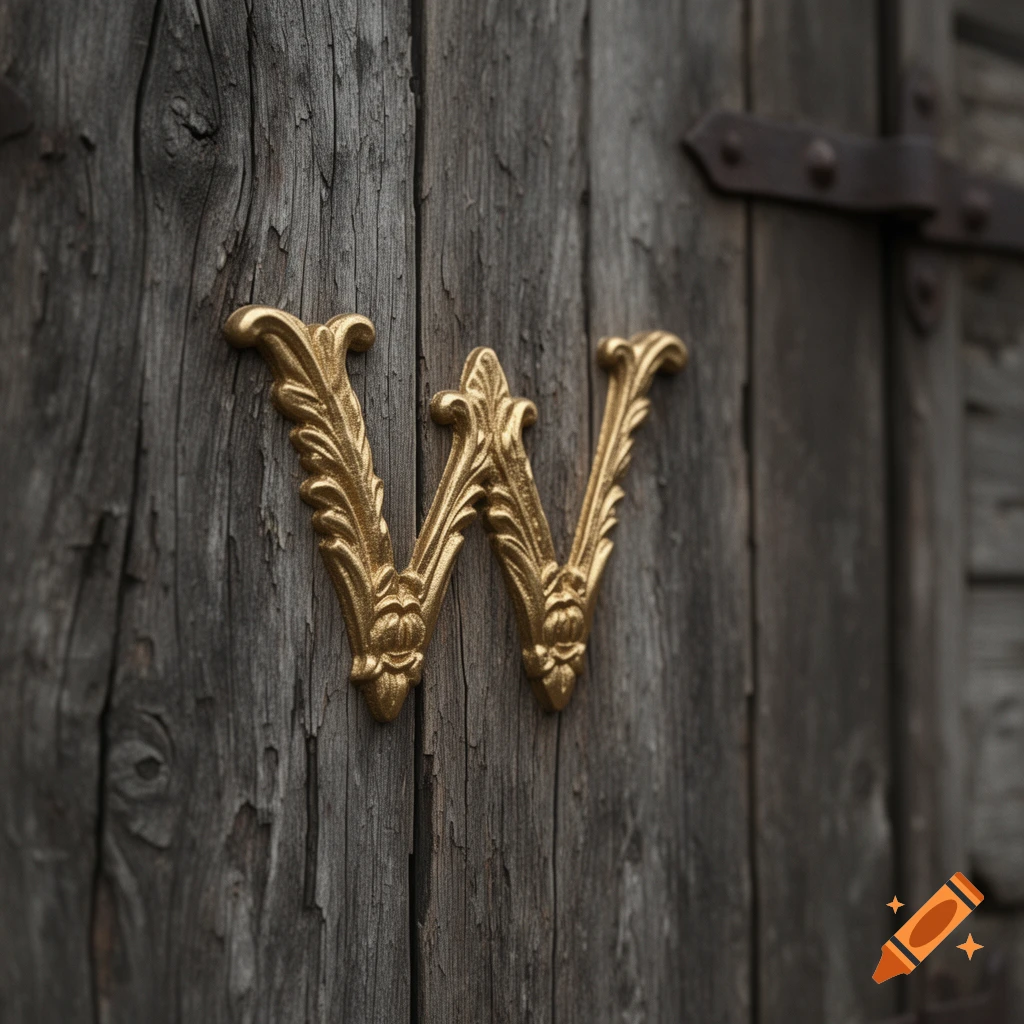 A decorative golden letter 'W' with ornate flourishes attached to a weathered, rustic wooden door.