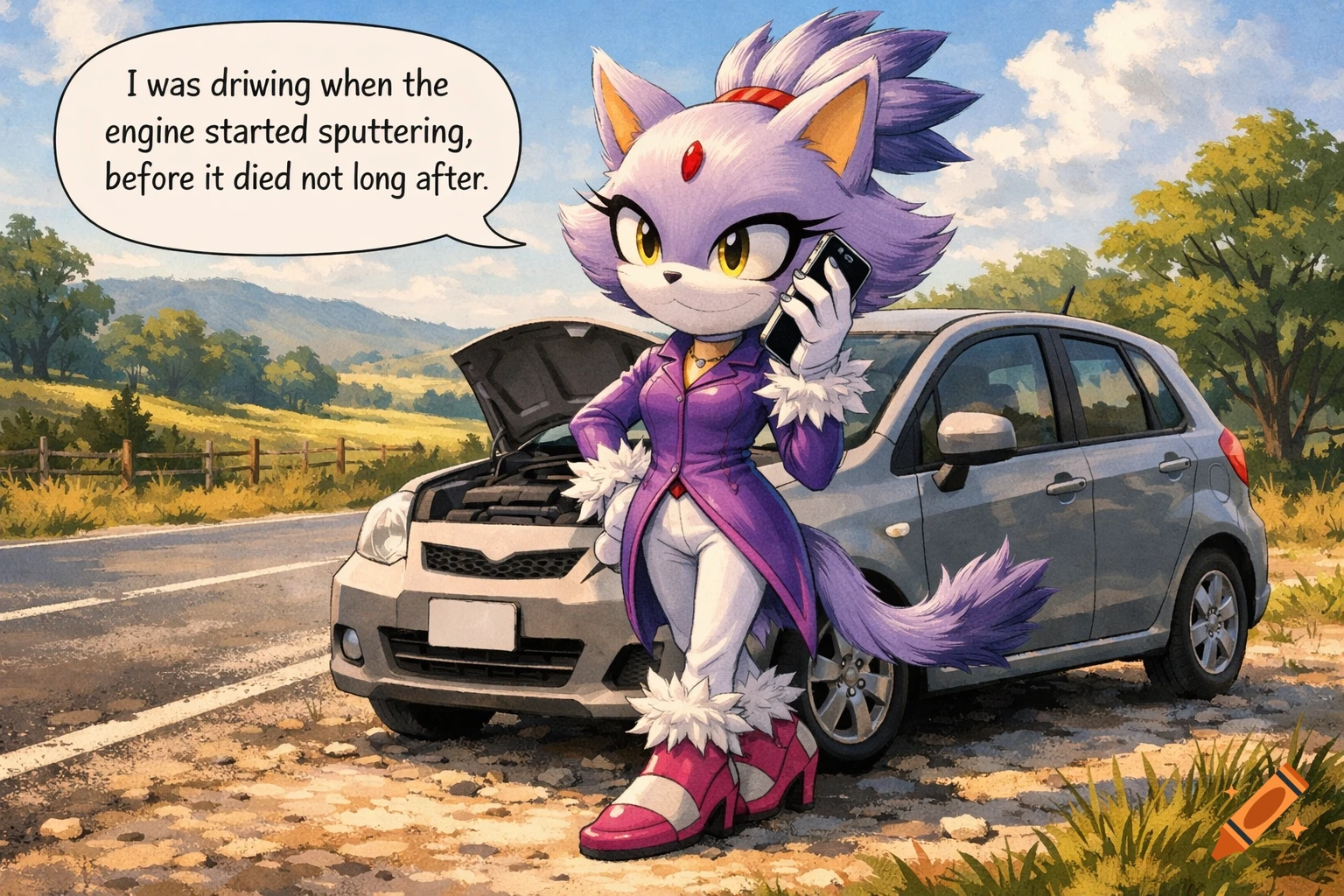 Blaze the Cat, a purple cat-like character, talks on a phone next to her broken-down car on a scenic roadside, in a 2D animated style.
