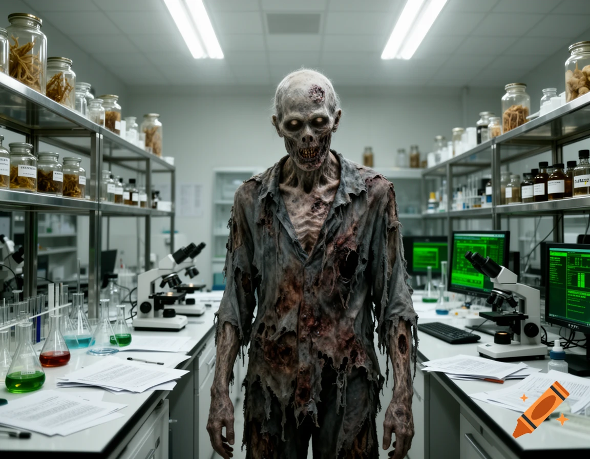 A decaying zombie with tattered clothes stands in the middle of a brightly lit science laboratory, surrounded by microscopes, beakers, and shelves of jars.