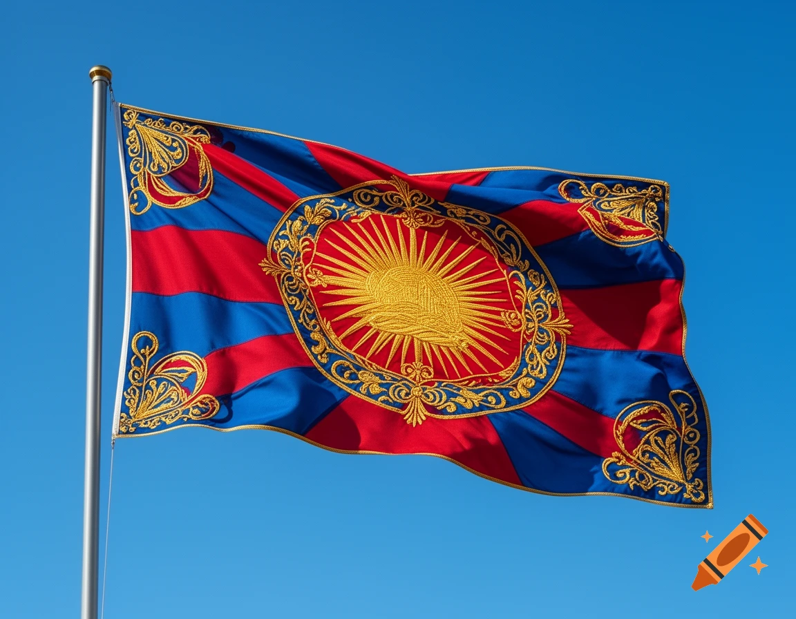 A vibrant red and blue flag with a large golden embroidered sun emblem and ornate borders, waving against a clear blue sky.