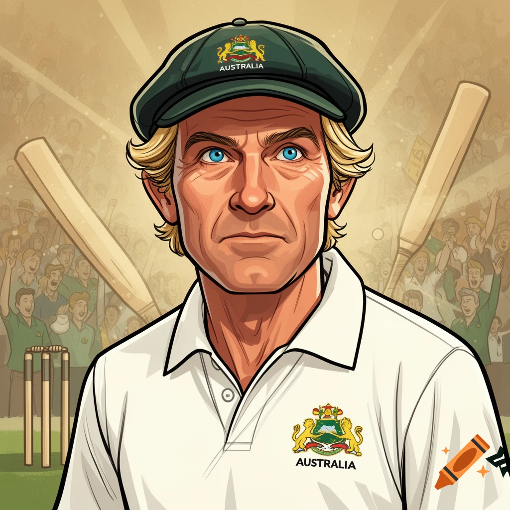 Cartoon headshot of an Australian cricketer with blonde hair and blue eyes, wearing a green cap and white uniform, with a cricket pitch and crowd in the background.