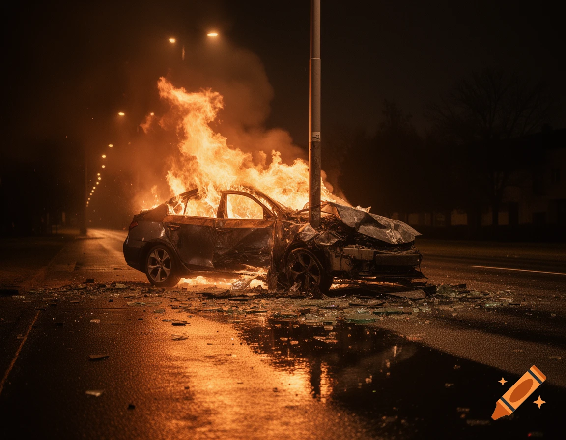 A destroyed car engulfed in flames on a wet roadway at night, with shattered glass and debris scattered around.