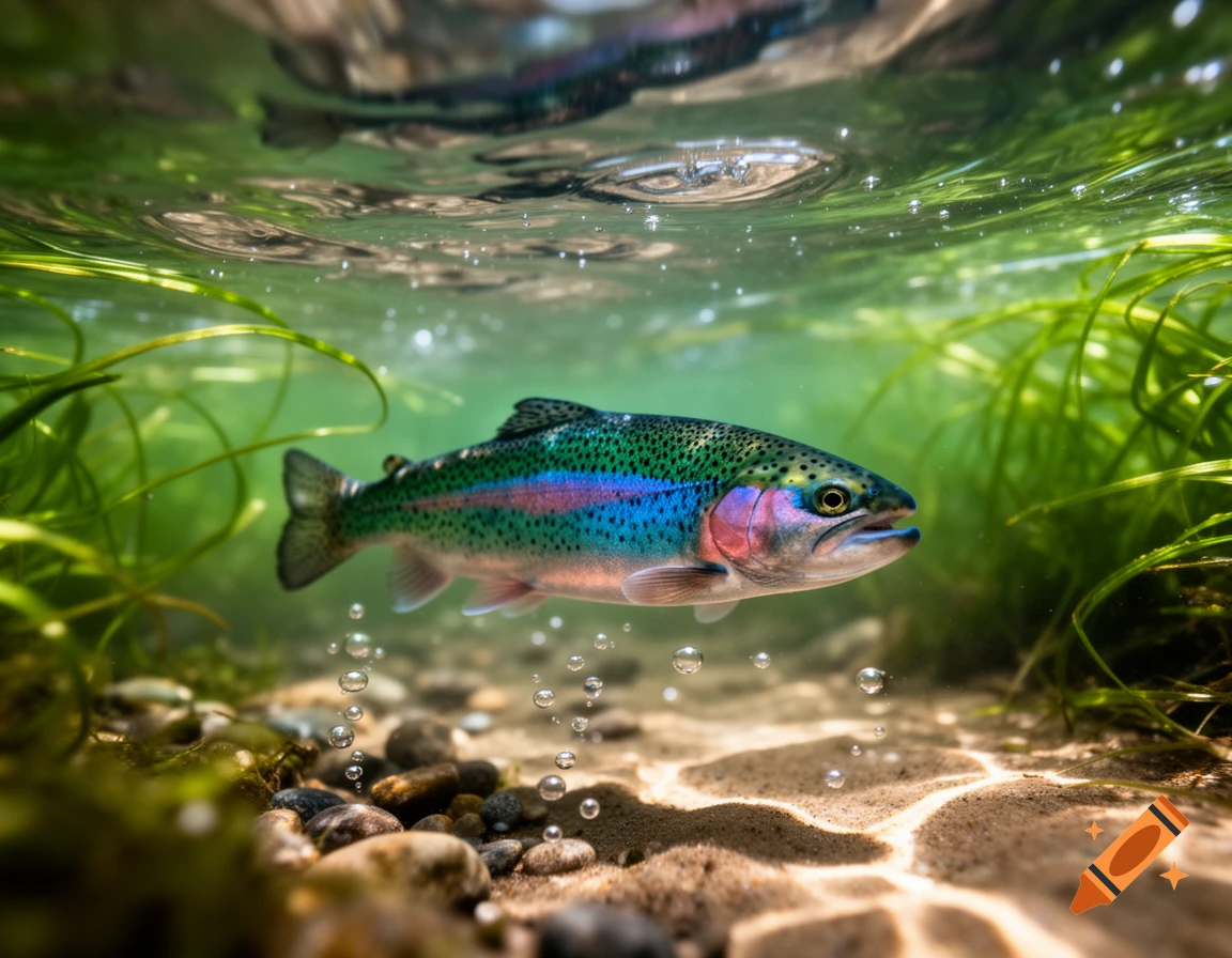A vibrant rainbow trout swims underwater among green plants, pebbles, and sand, with small bubbles.