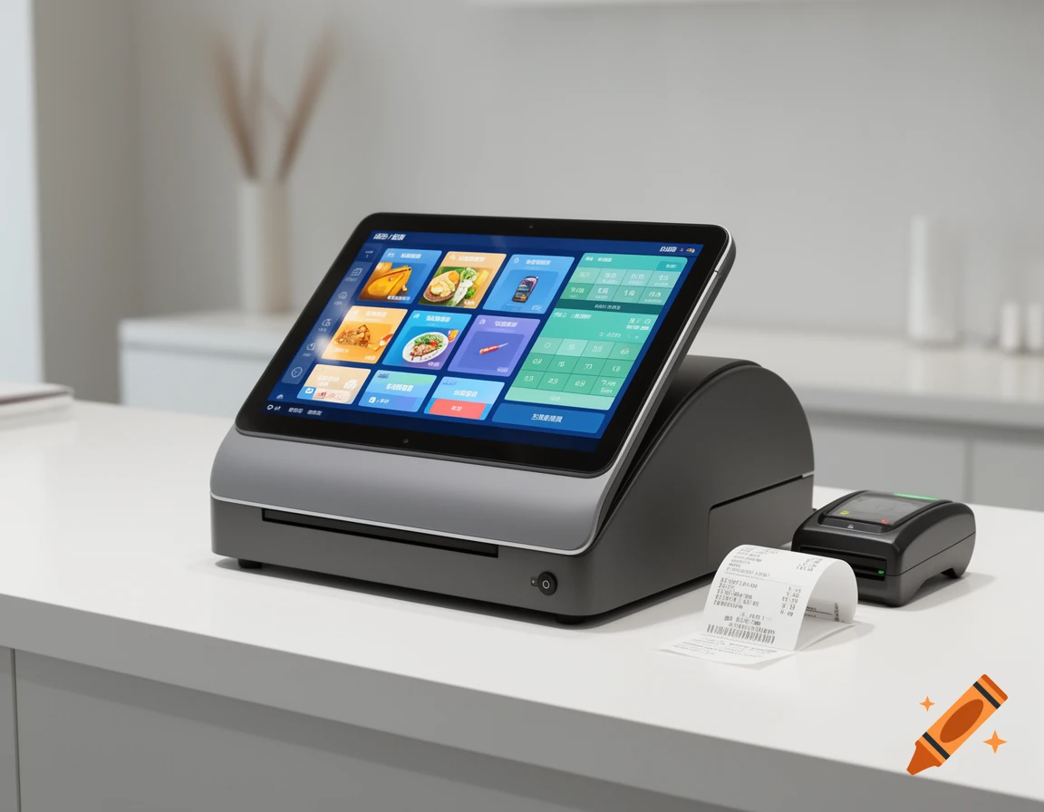 Modern cash register point of sale terminal on a white retail counter, with a receipt printer and card reader.