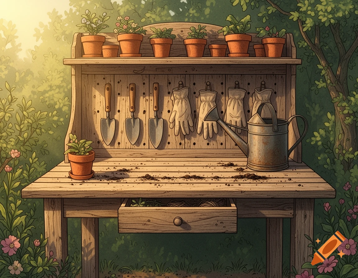 Detailed illustration of a rustic wooden potting bench with potted plants, gardening tools, and a watering can in a lush garden.