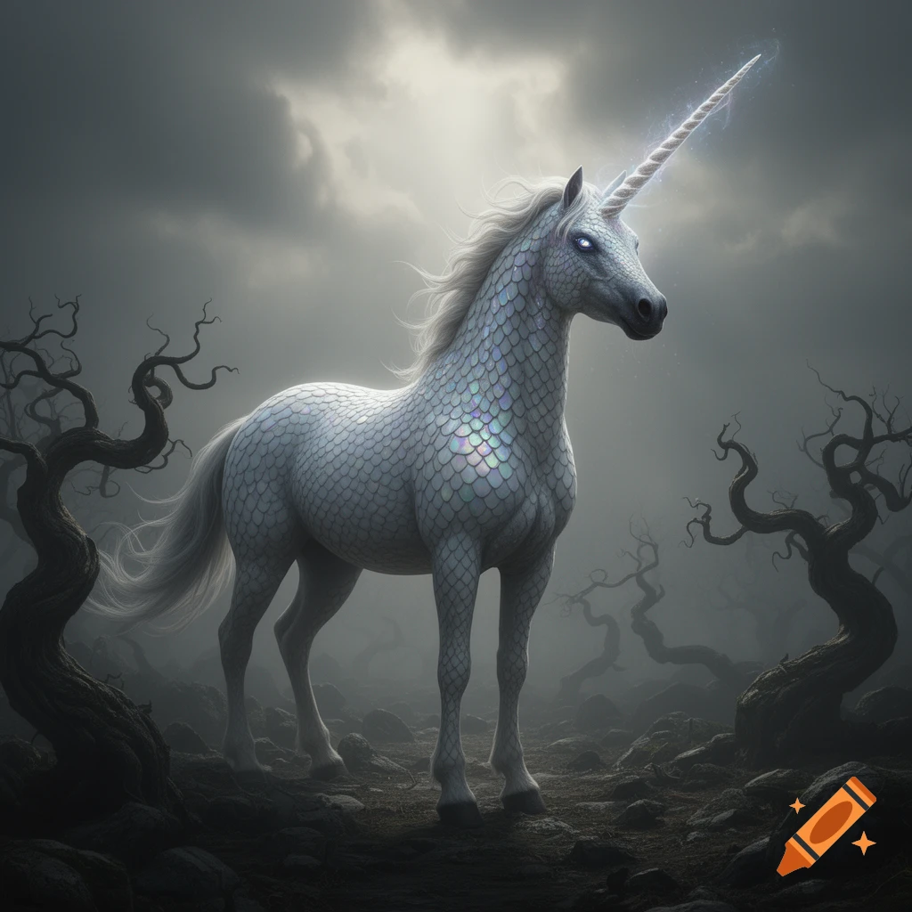 A Lovecraftian unicorn with shimmering white serpent scales stands in a dark, misty forest with gnarled, bare trees.