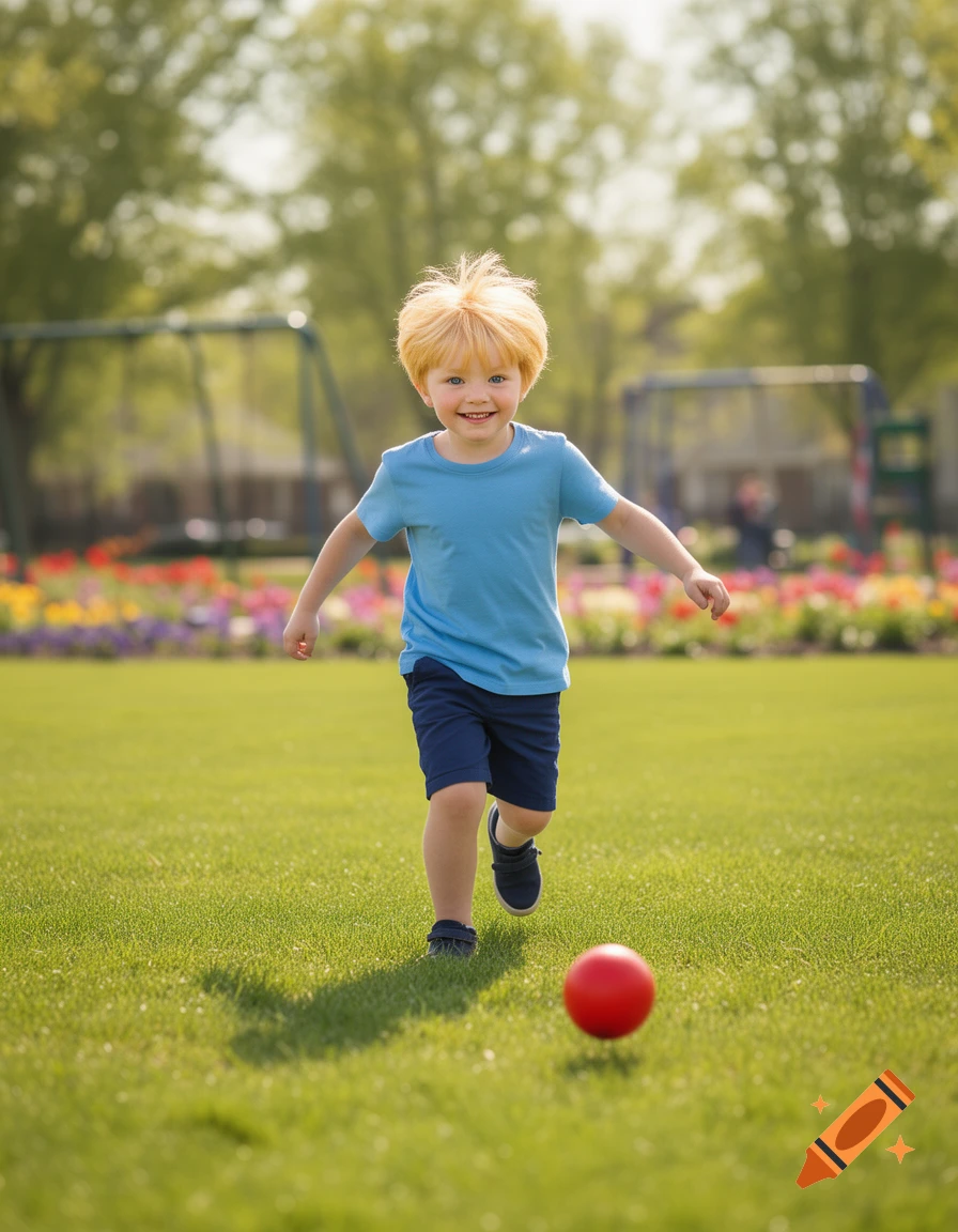 A smiling blonde boy in a blue shirt and shorts runs on green grass towards a red ball in a sunny park with flowers and trees in the background.