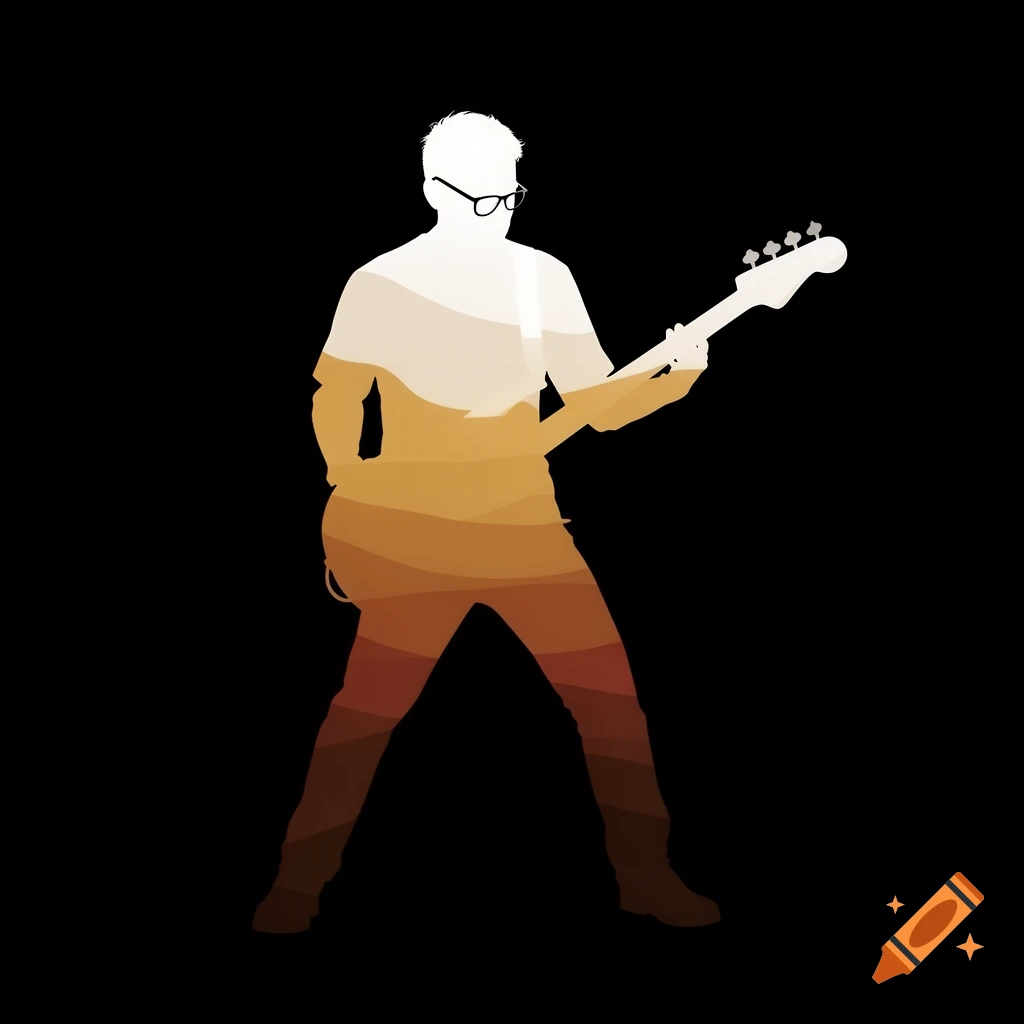 White silhouette of a man with glasses playing a four-string bass guitar, filled with an earth-tone gradient, against a black background.