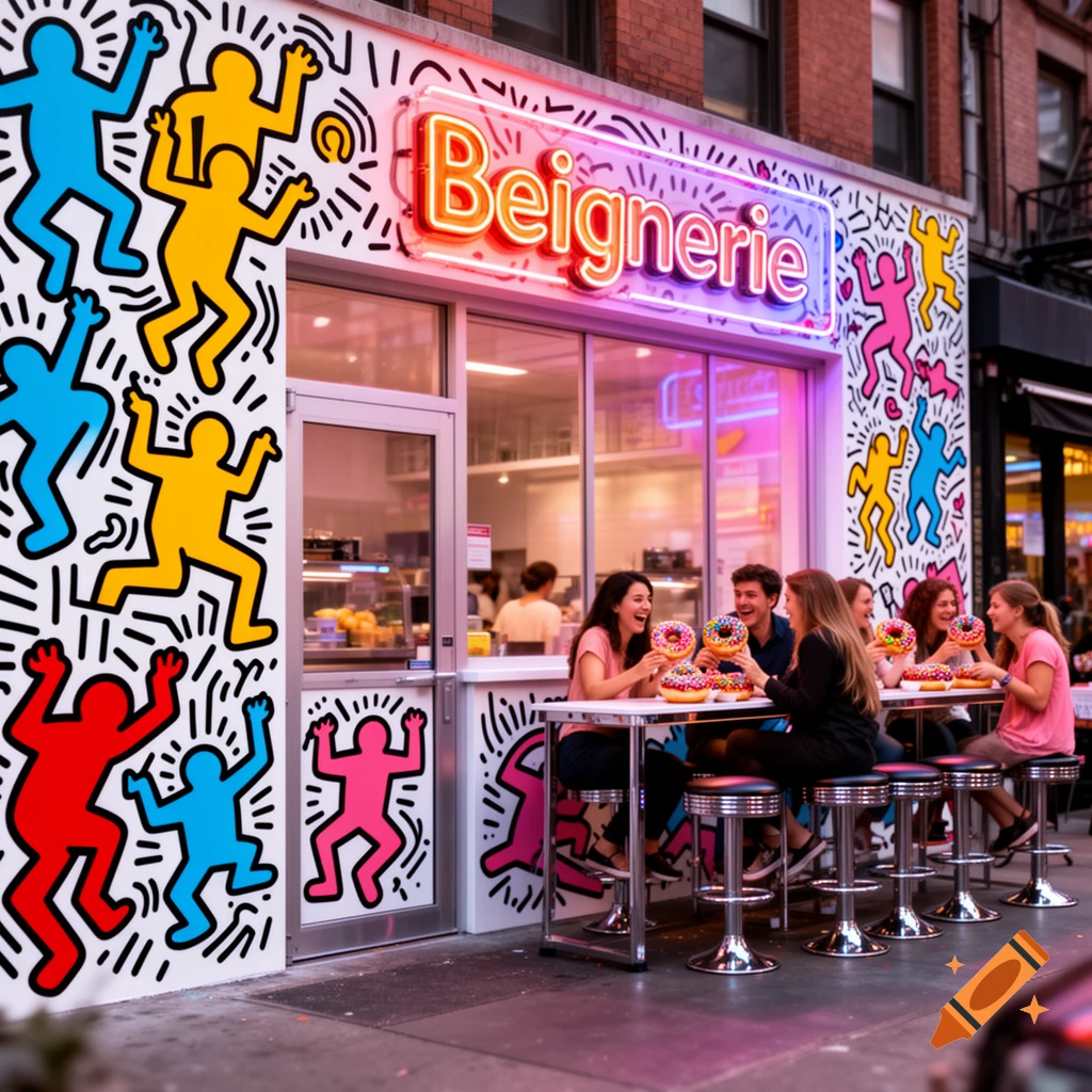 People eat donuts at outdoor tables in front of a colorful Beignerie shop with Keith Haring-style art and a neon sign.
