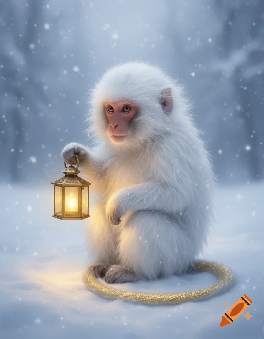 A fluffy white snow monkey with a golden tail holds a glowing lantern in a snowy landscape with falling snowflakes.
