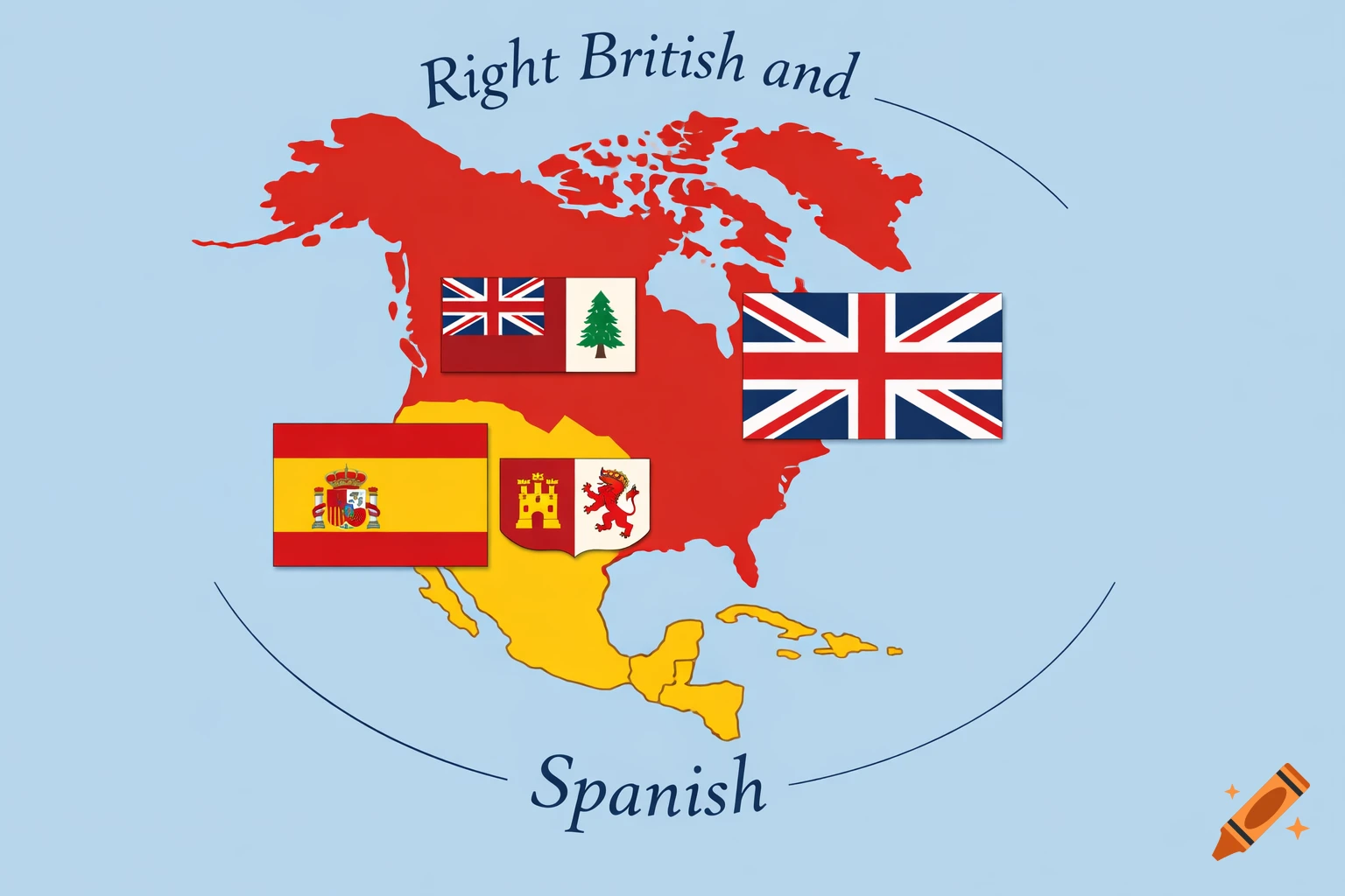 Map of North America with British (red) and Spanish (yellow) territories, flags, and text 'Right British and Spanish'.