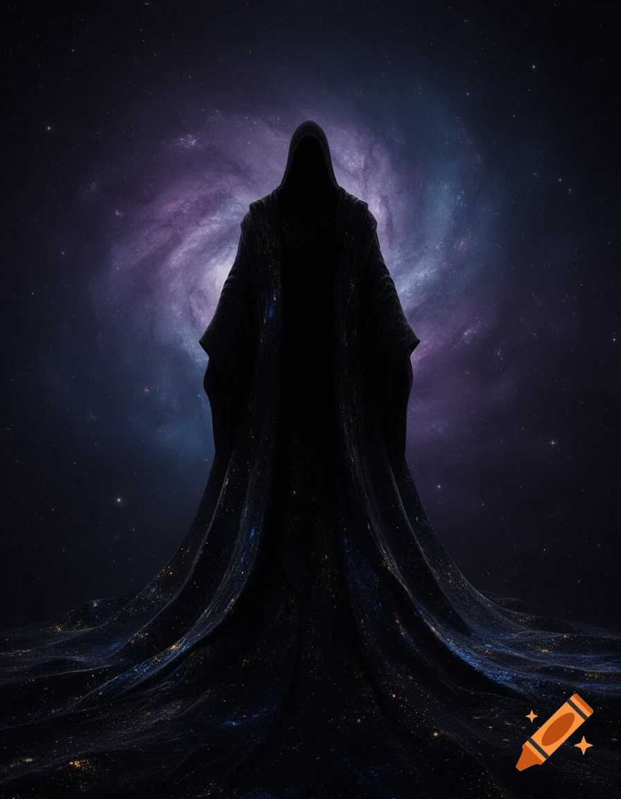 A dark, cloaked figure stands majestically against a swirling purple and blue galaxy in deep space.