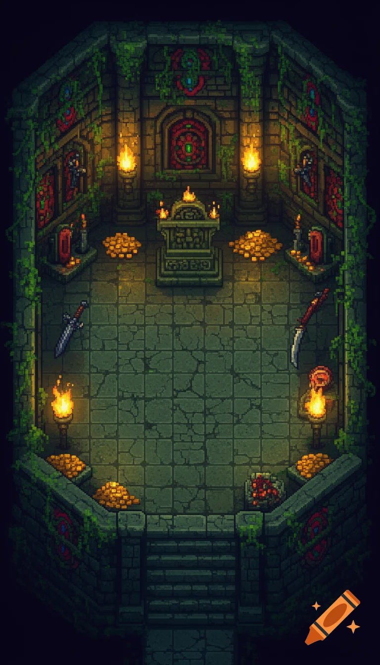 Top-down pixel art view of an ancient dungeon room with torches, piles of gold, weapons, and a central altar, adorned with vines.